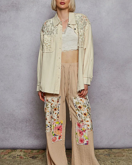 POL Button Down Raw Edg Shirt with Pearl Lace Patch