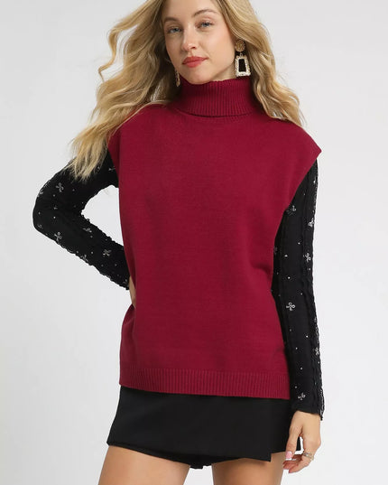 Umgee High-Low Turtleneck Sleeveless Sweater Top RUBY
