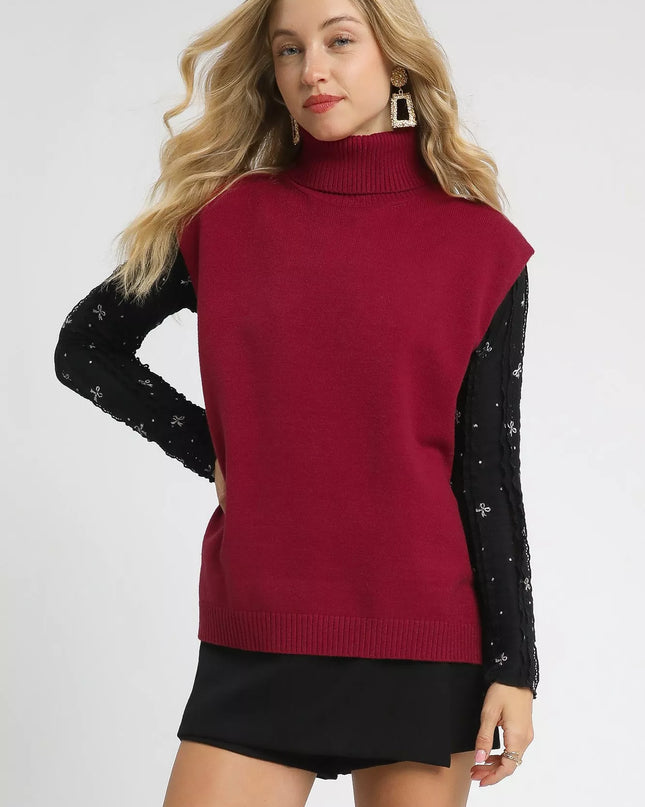 Umgee High-Low Turtleneck Sleeveless Sweater Top RUBY