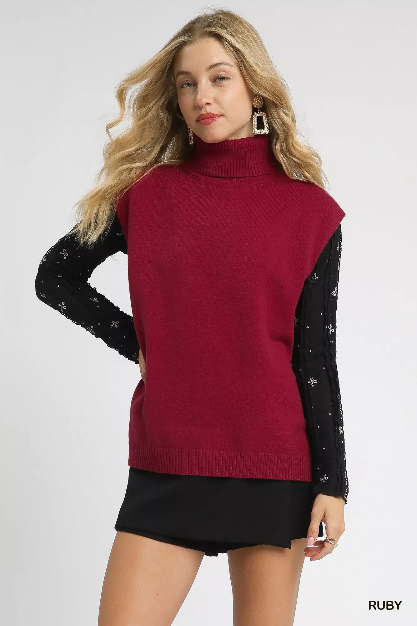 Umgee High-Low Turtleneck Sleeveless Sweater Top RUBY