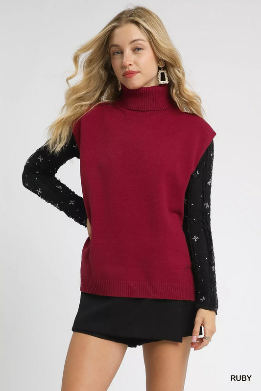 Umgee High-Low Turtleneck Sleeveless Sweater Top RUBY