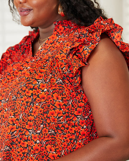 Double Take Floral Flutter Sleeve Notched Neck Blouse