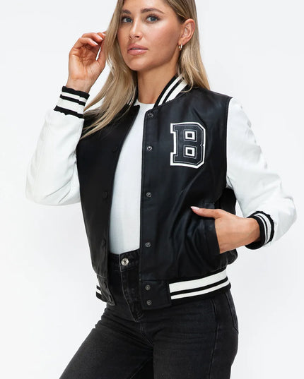Love Me Now PU Leather Contrast Snap Down Bomber Jacket
