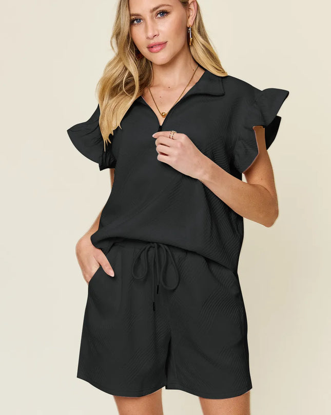 Double Take Full Size Texture Flounce Sleeve Top and Drawstring Shorts Set Black