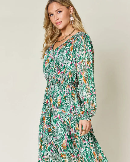 Double Take Full Size Printed Drawstring Waist Long Sleeve Dress