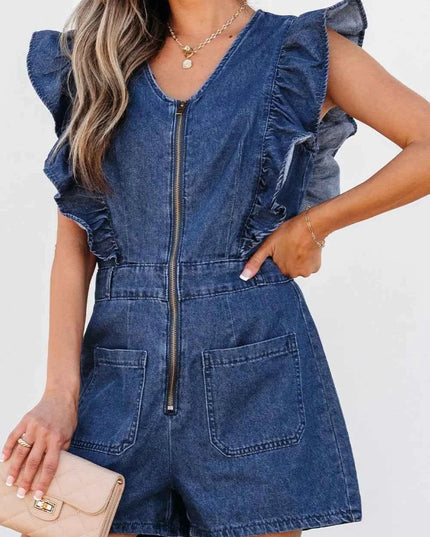 Denim Ruffled Zipped Front Belted Romper