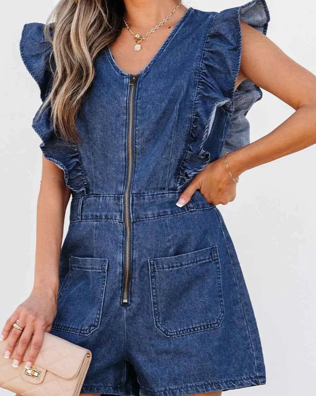 Denim Ruffled Zipped Front Belted Romper