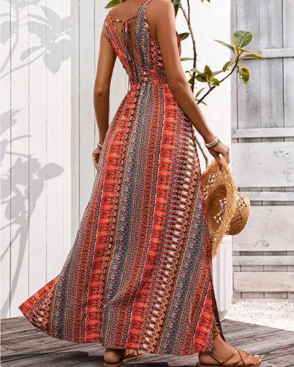Tied Back Printed Sleeveless Maxi Slit Dress 