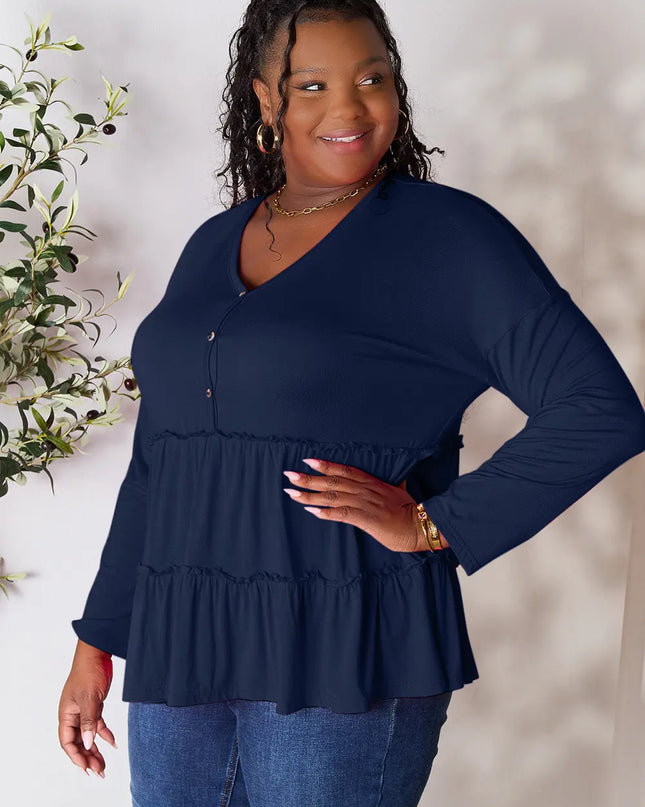 Double Take Half Button Long Sleeve Ruffle Hem Blouse