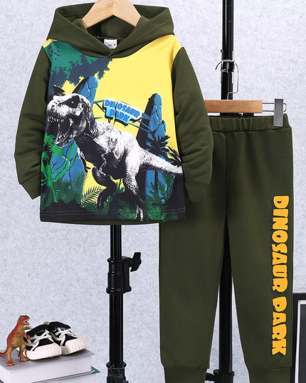 Children's Dinosaur Park Hoodie and Pants Set Army Green