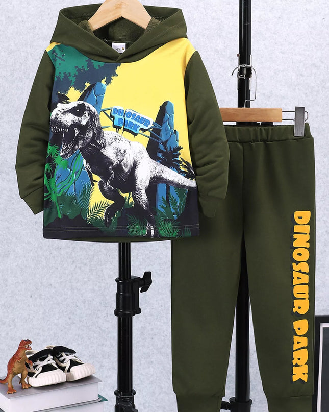 Children's Dinosaur Park Hoodie and Pants Set Army Green