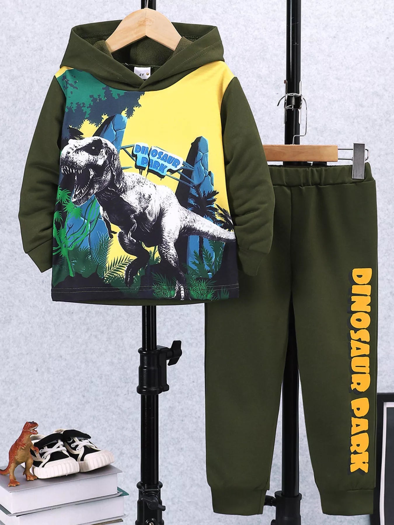 Children's Dinosaur Park Hoodie and Pants Set Army Green
