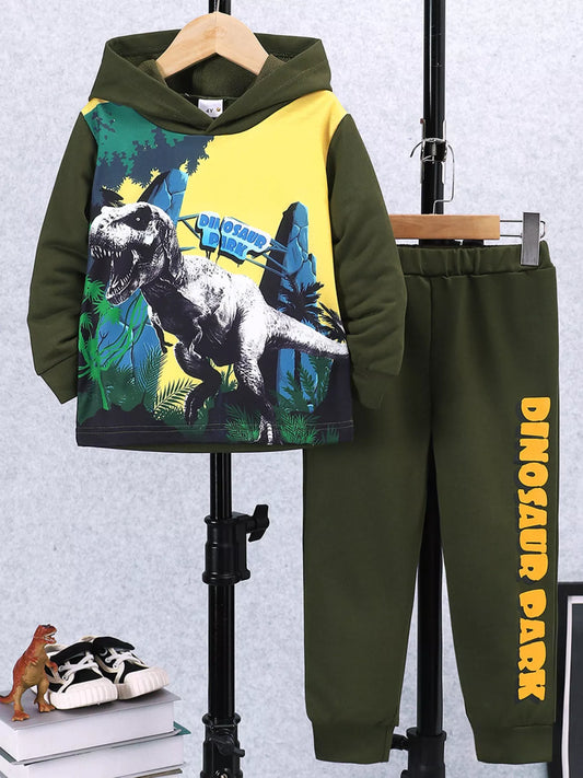 Children's Dinosaur Park Hoodie and Pants Set Army Green
