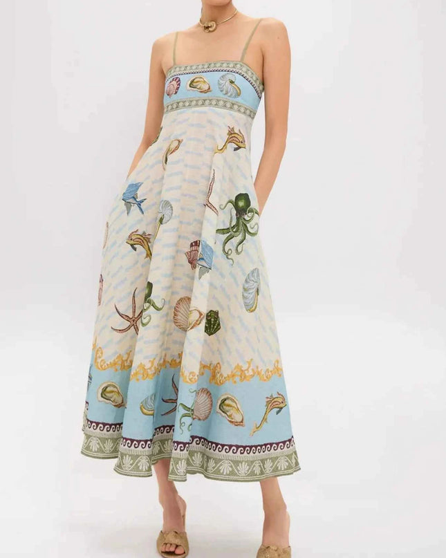 Ocean Print Spaghetti Strap Midi Dress