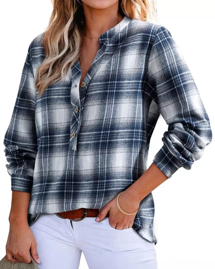 Plaid Half Button Long Sleeve Blouse