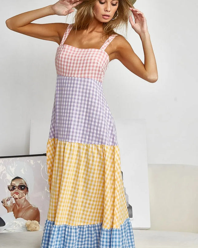 BiBi Color Block Tiered Gingham Dress