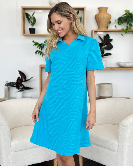 Double Take Full Size Texture Collared Neck Short Sleeve Dress