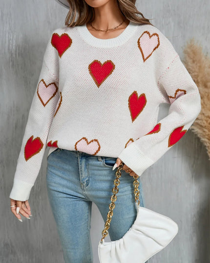Angel Wings Contrast Heart Round Neck Long Sleeve Sweater