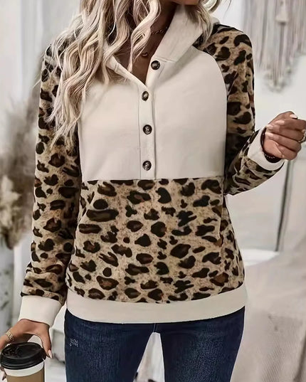 Leopard Print Button Detail Hoodie
