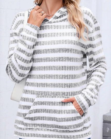 Striped Ribbed Knit Hoodie with Kangaroo Pocket