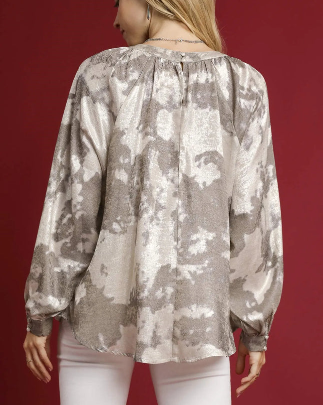 Umgee Full Size Metallic Fabric Blouse with Balloon Sleeves Plus Size