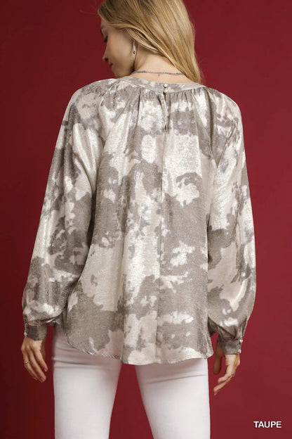 Umgee Full Size Metallic Fabric Blouse with Balloon Sleeves Plus Size