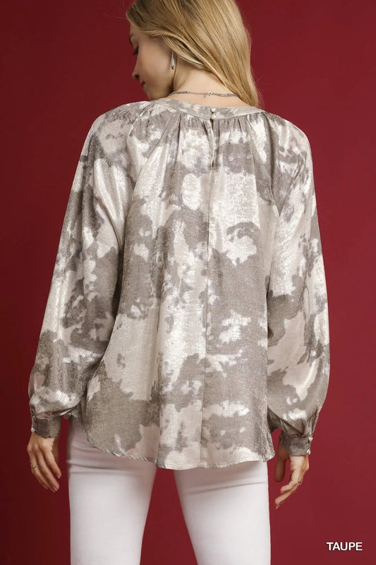 Umgee Full Size Metallic Fabric Blouse with Balloon Sleeves Plus Size