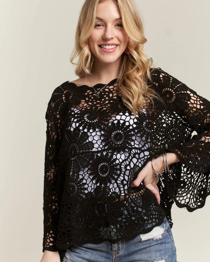 ADORA Bell Sleeve Crochet Top BLACK
