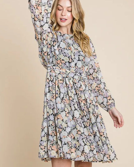 Lime 'N' Chili Chiffon Floral Print Belted Dress with Back Zipper 