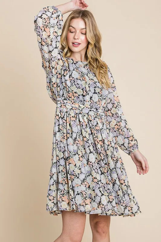 Lime 'N' Chili Chiffon Floral Print Belted Dress with Back Zipper 