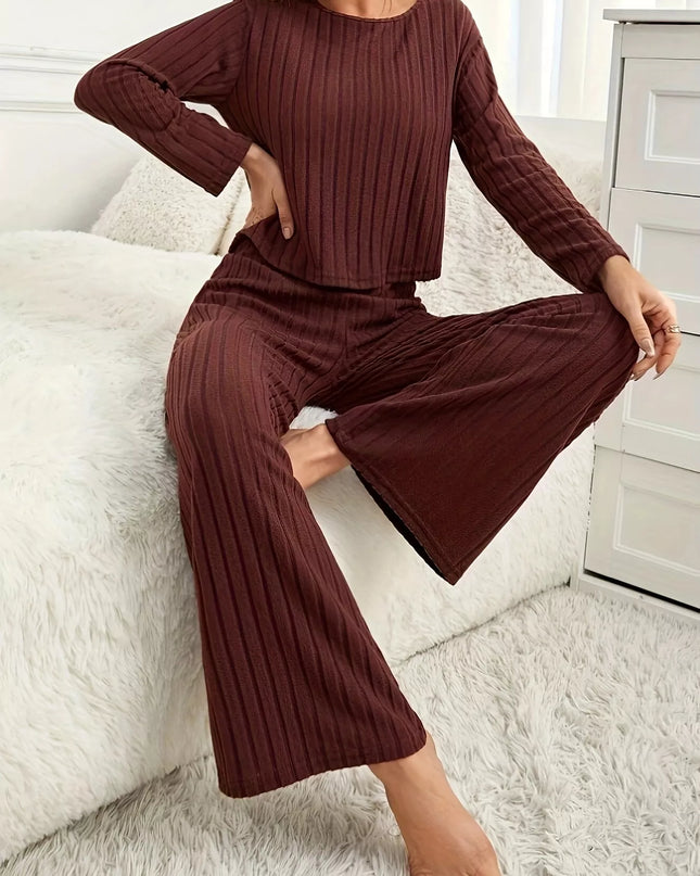 Ribbed Round Neck Long Sleeve Top and Pants Lounge Set