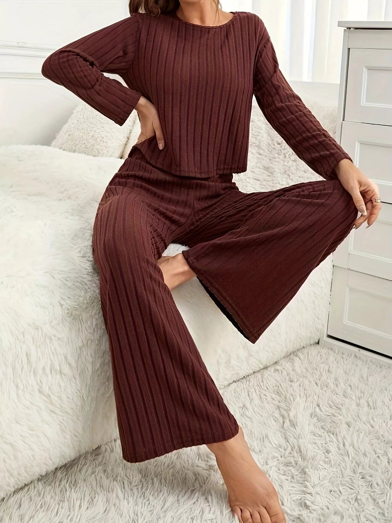 Ribbed Round Neck Long Sleeve Top and Pants Lounge Set