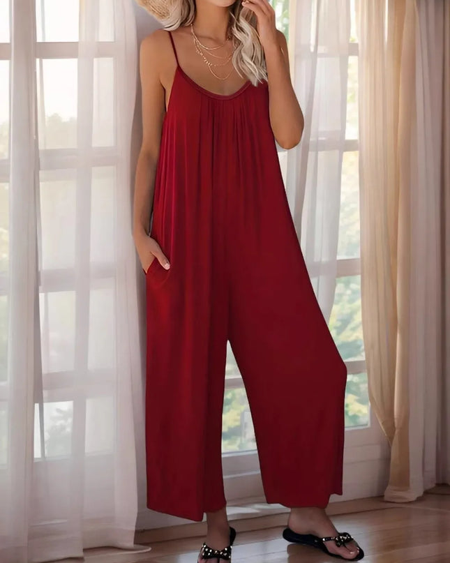 Scoop Neck Spaghetti Strap Jumpsuit Burgundy