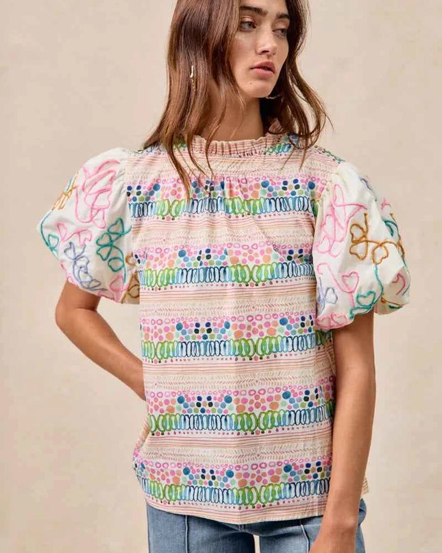 BiBi Ruffle Neckline Blouse With Embroidery Bubble Sleeve