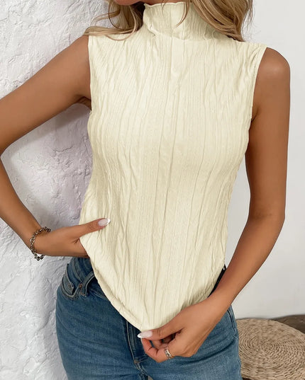 Texture Turtleneck Sleeveless Top Tan