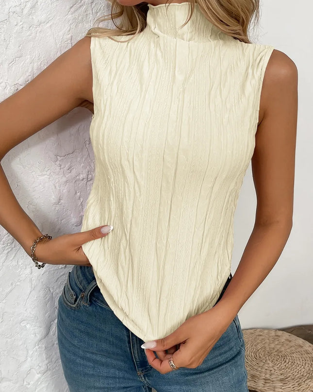 Texture Turtleneck Sleeveless Top Tan