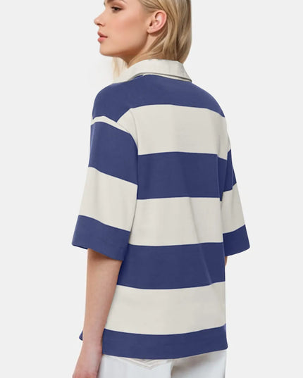 Oh Pima Cotton Wash Color Block Johnny Collar Half Sleeve Top