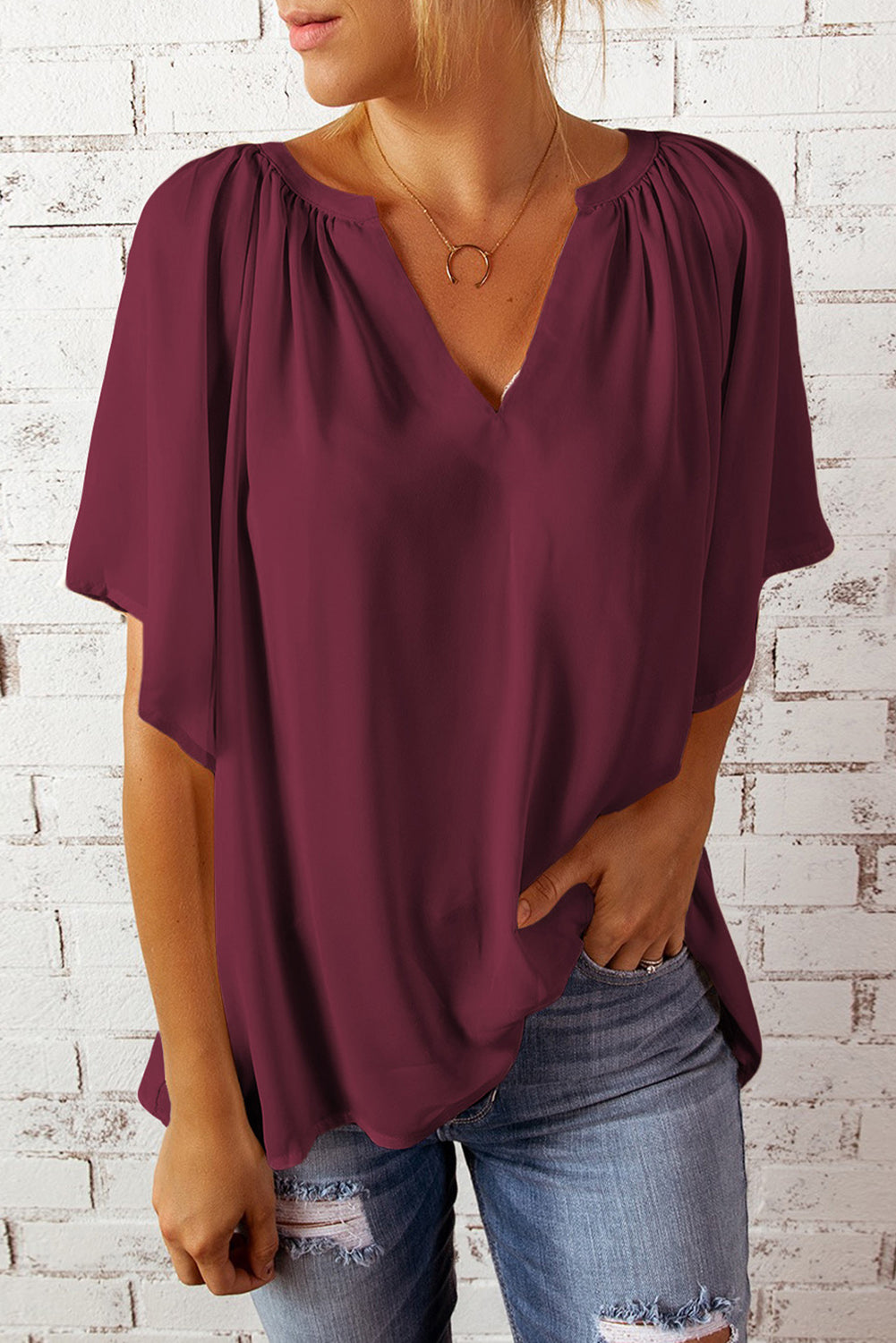 Gathered Detail Notched Neck Flutter Sleeve Top Wine
