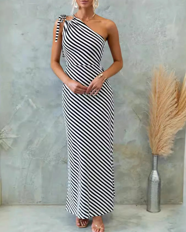 One Shoulder Striped Maxi Dress 
