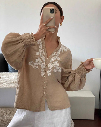 Embroidered Lantern Sleeve Blouse