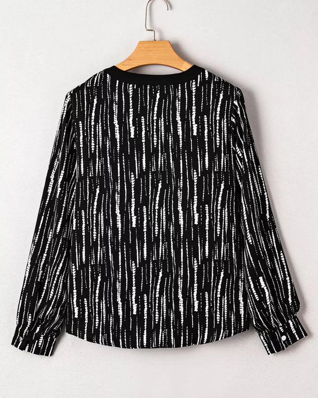 Abstract Printed Notched Long Sleeve Blouse