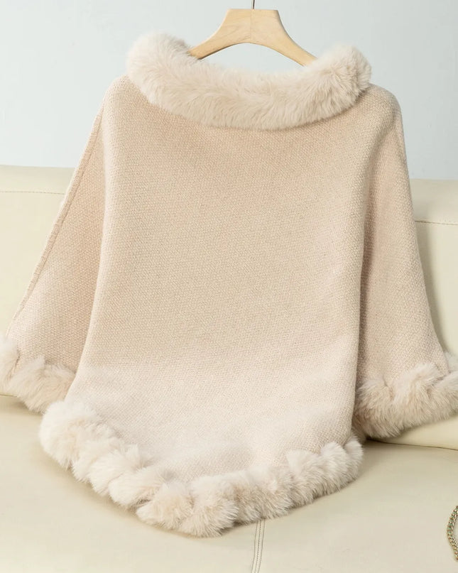 Fuzzy Trim Texture Three-Quarter Sleeve Poncho