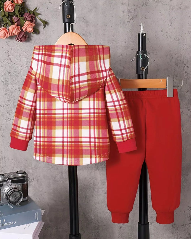 Children's Plaid Button Up Hooded Top & Pants Set