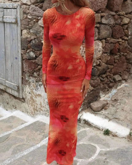 Tie-Dye Long Sleeve Maxi Bodycon Dress