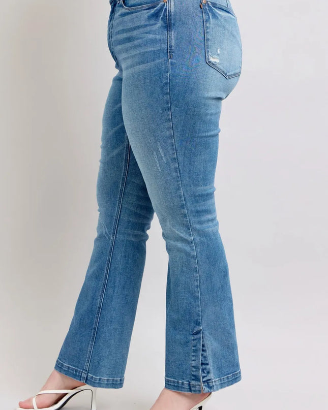 Judy Blue HW Tummy Control Vintage Wash Side Slit Slim Boot Jeans
