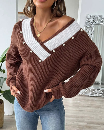 V-Neck Button-Decorated Sweater