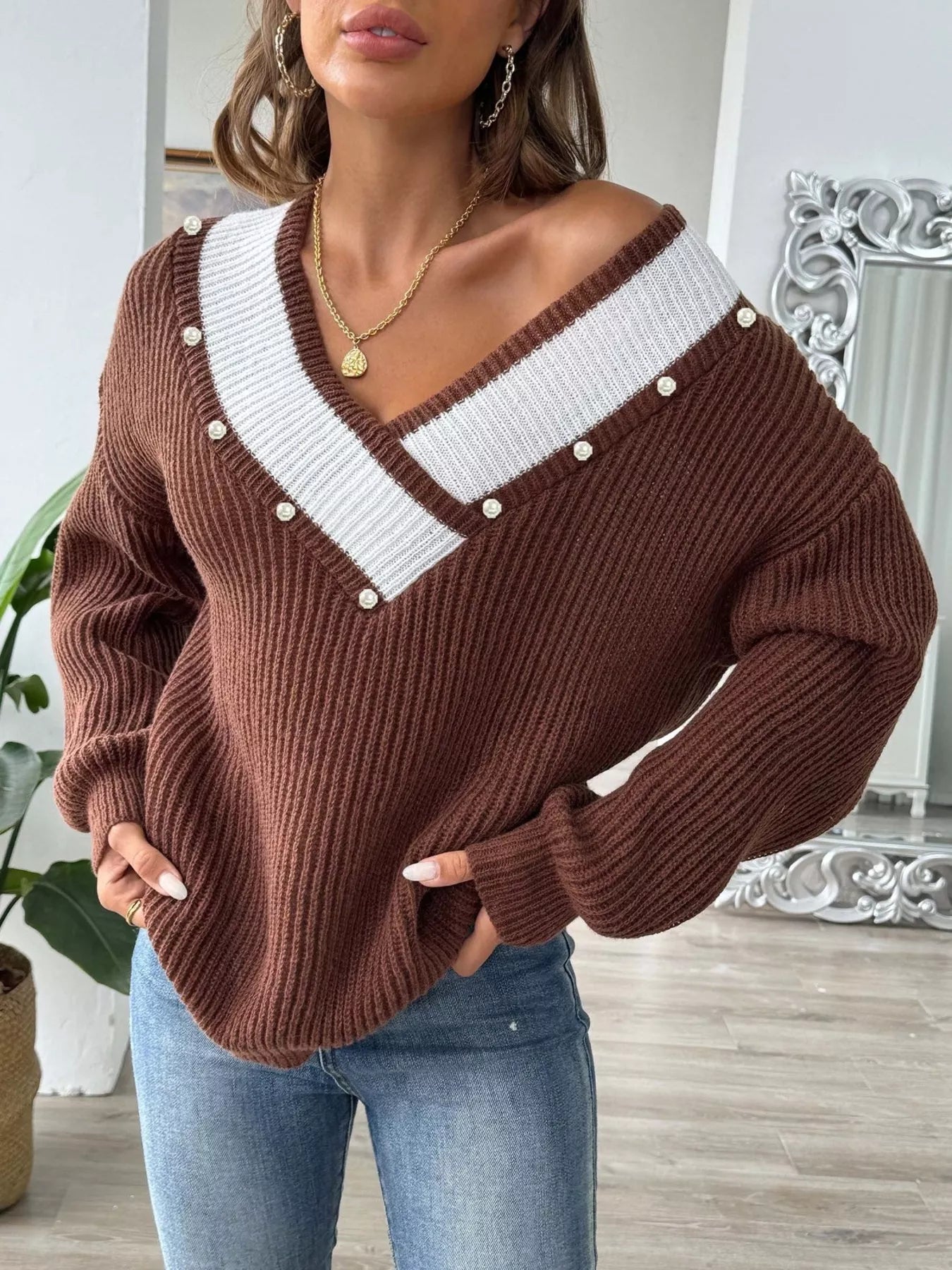 V-Neck Button-Decorated Sweater