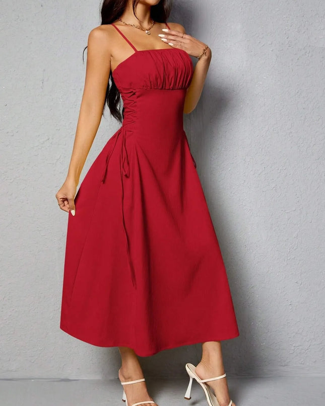 Ruched Midi Cami Dress with Side Tie Details Red