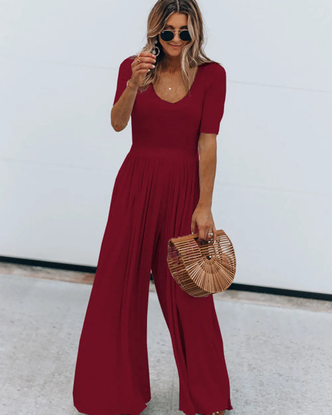 Scoop Neck Short Sleeve Jumpsuit Burgundy
