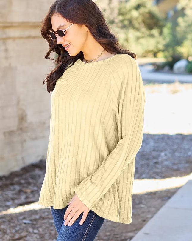 Basic Bae Full Size Ribbed Round Neck Long Sleeve Knit Top